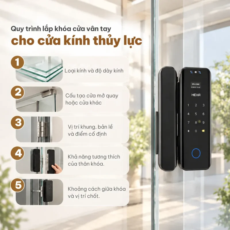 Quy trình lắp khóa cửa vân tay cho cửa kính thủy lực