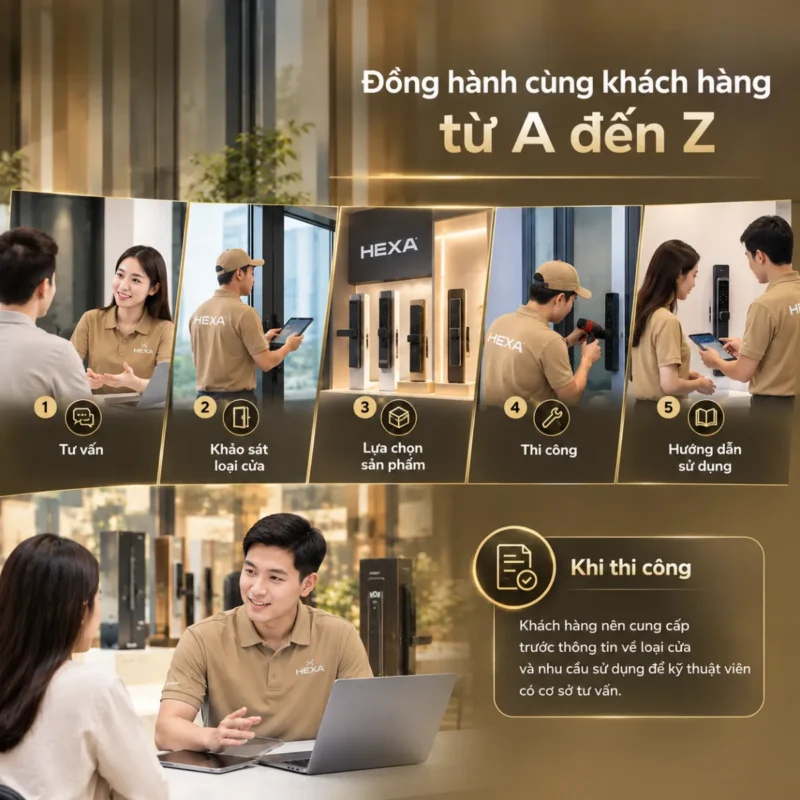 HEXA hỗ trợ khách hàng từ khâu tư vấn, khảo sát loại cửa, lựa chọn sản phẩm đến thi công và hướng dẫn sử dụng
