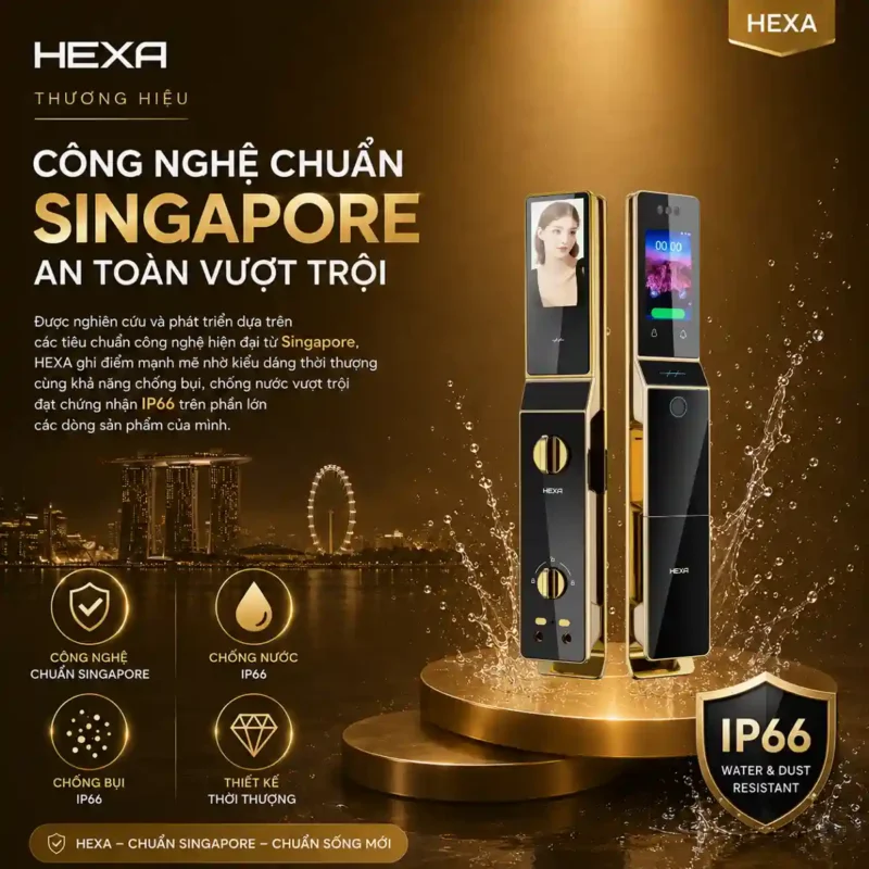 Thương hiệu HEXA nổi bật với các dòng khóa cửa thông minh chuẩn Singapore, thiết kế hiện đại, tích hợp nhiều công nghệ bảo mật và đạt chuẩn chống bụi, chống nước IP66 trên nhiều sản phẩm.